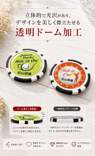 最短即日出荷！ホールインワン記念 名入れゴルフマーカー(カジノチップ)/選べるデザイン/名前入り/ネーム入り/オーダーメイド/プレゼント/ギフトラッピング無料 メール便送料無料の画像