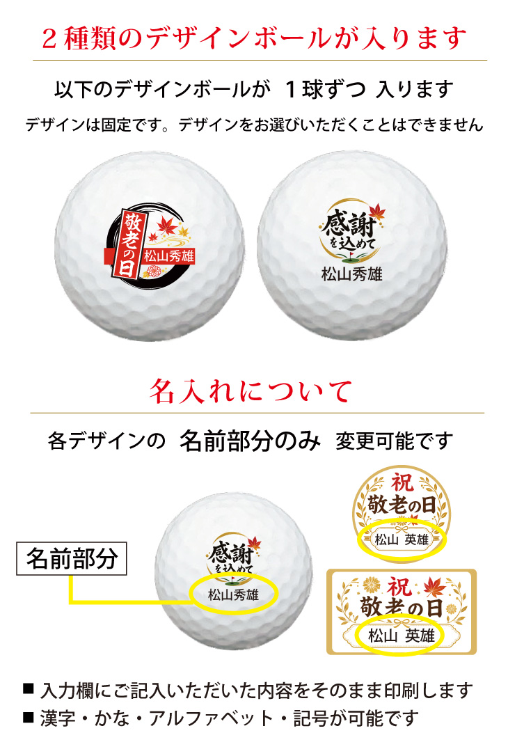 最短即日出荷！ 敬老の日 名入れゴルフボール２球＋マーカー台座セット【感謝・お祝いデザイン】メーカーお任せ公認球 化粧箱入り ギフトラッピング無料の画像