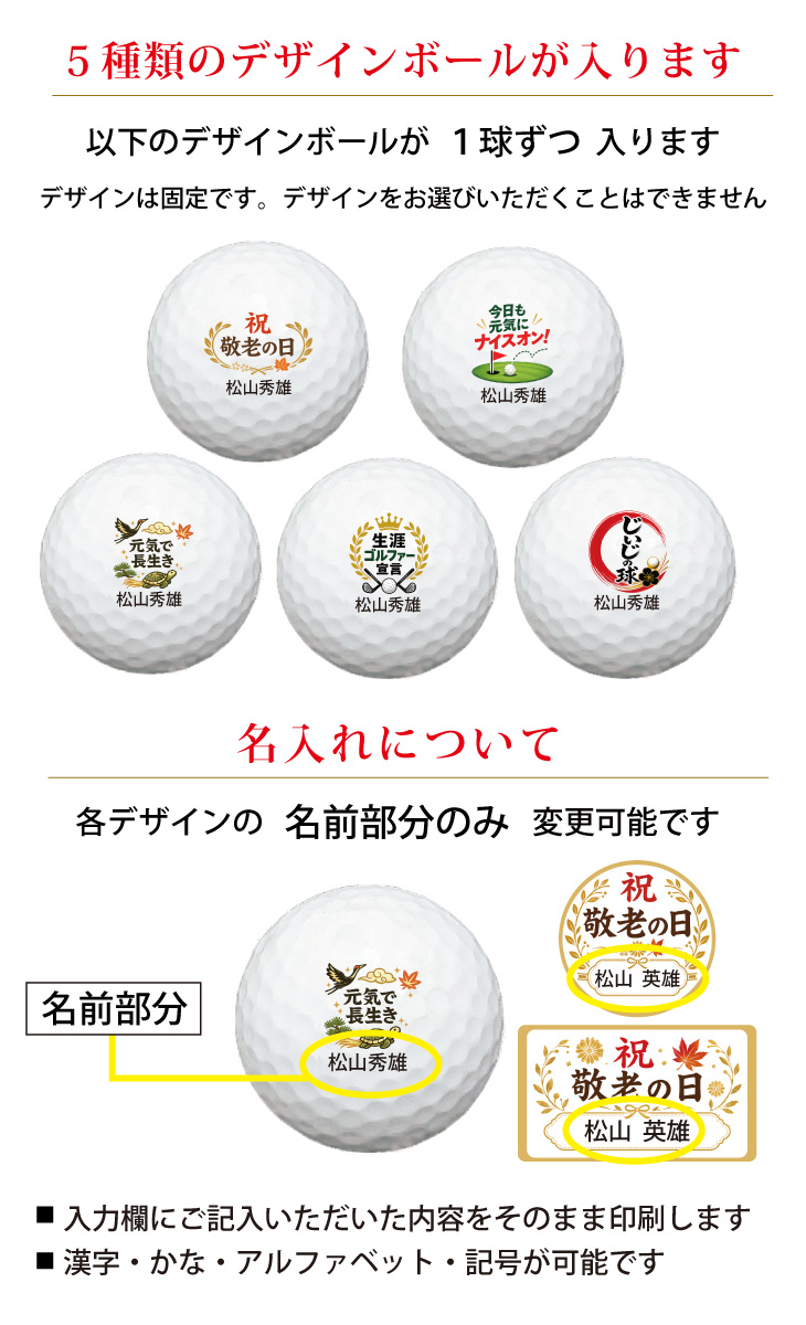 最短即日出荷！ 敬老の日 名入れゴルフボール５球＋マーカー台座セット【ゴルフ・元気デザイン】メーカーお任せ公認球 化粧箱入り ギフトラッピング無料の画像