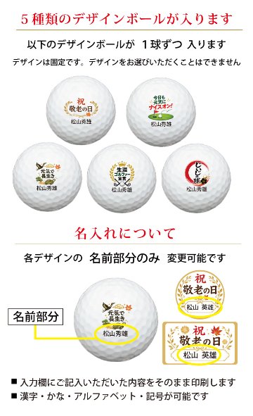 最短即日出荷！ 敬老の日 名入れゴルフボール５球＋マーカー台座セット【ゴルフ・元気デザイン】メーカーお任せ公認球 化粧箱入り ギフトラッピング無料の画像