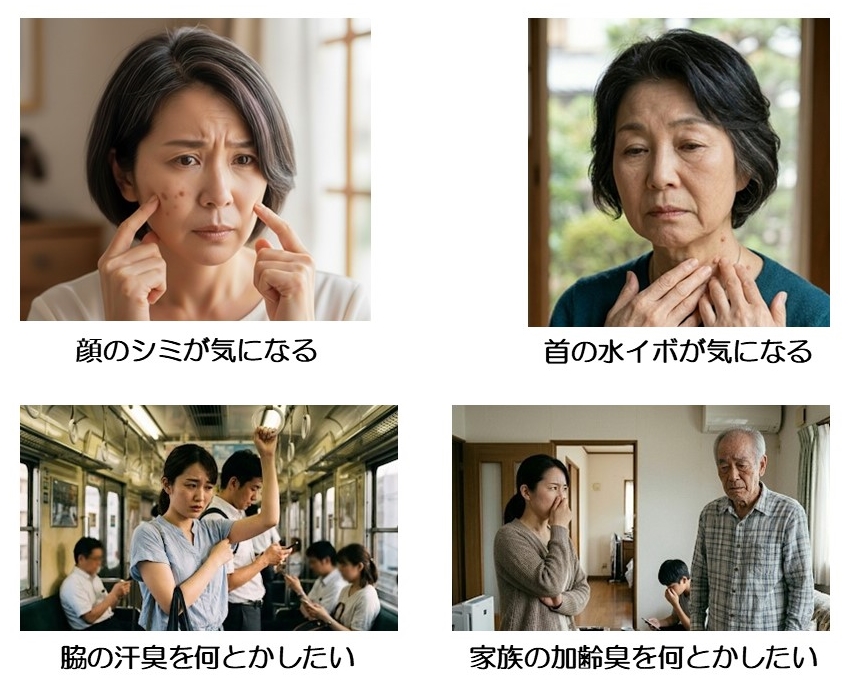 ホワイトミルキーソープ,シミ,くすみ,水イボ,加齢臭,汗臭,脇のニオイ,対策