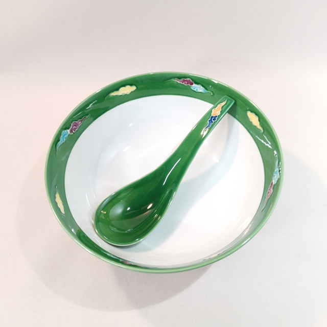 究極のラーメン鉢　緑交趾 龍・雲 ラーメン鉢＆レンゲセット　錦右ェ門陶苑の画像