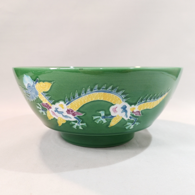 究極のラーメン鉢　緑交趾 龍・雲 ラーメン鉢＆レンゲセット　錦右ェ門陶苑の画像