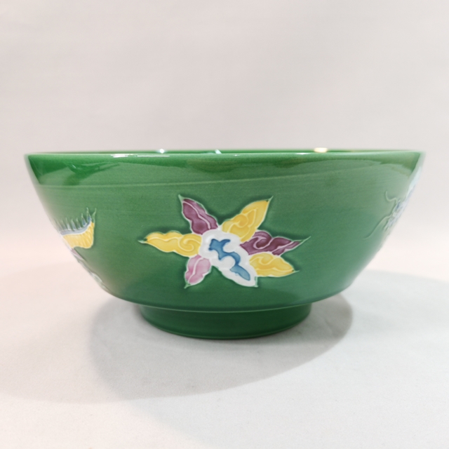 究極のラーメン鉢　緑交趾 龍・雲 ラーメン鉢＆レンゲセット　錦右ェ門陶苑の画像