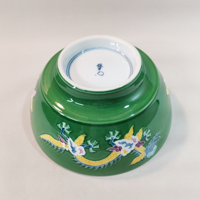 究極のラーメン鉢　緑交趾 龍・雲 ラーメン鉢＆レンゲセット　錦右ェ門陶苑の画像