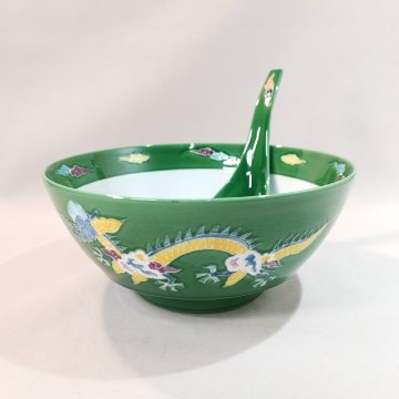 究極のラーメン鉢　緑交趾 龍・雲 ラーメン鉢＆レンゲセット　錦右ェ門陶苑の画像