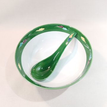 究極のラーメン鉢　緑交趾 龍・雲 ラーメン鉢＆レンゲセット　錦右ェ門陶苑の画像