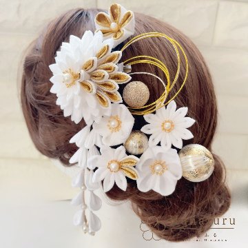 つまみ細工髪飾り 華ダリア 白 ゴールド｜成人式 卒業式 結婚式 和装の画像