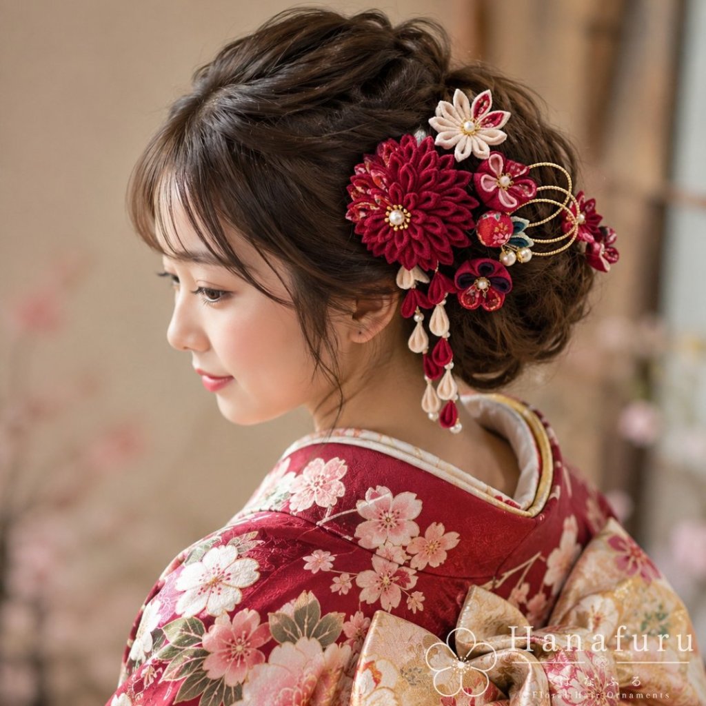 つまみ細工髪飾り ダリア ぼたん（赤紫） 生成 和柄｜成人式 卒業式 結婚式 和装の画像
