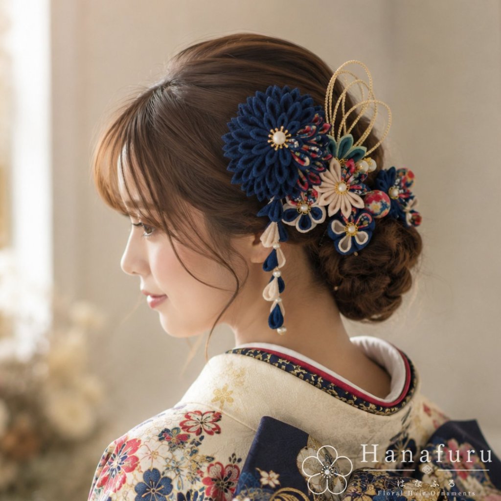 つまみ細工髪飾り ダリア 青紺 生成 和柄｜成人式 卒業式 結婚式 和装の画像