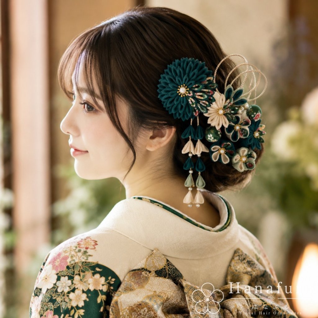 つまみ細工髪飾り ダリア もえぎ（青緑） 生成 和柄｜成人式 卒業式 結婚式 和装の画像