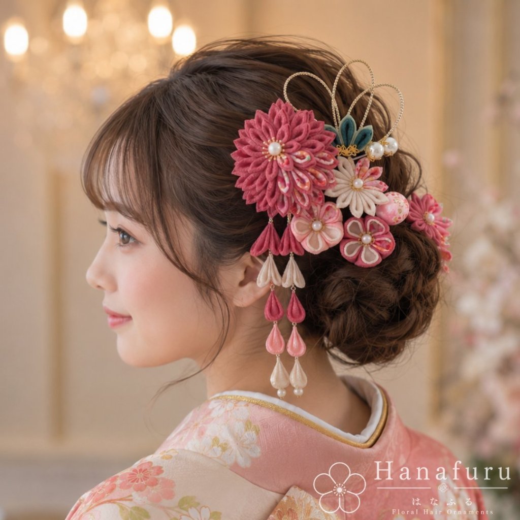 つまみ細工髪飾り ダリア 銀紅（くすみピンク） 生成 和柄｜成人式 卒業式 結婚式 和装の画像