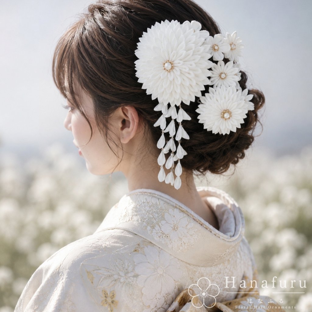 つまみ細工髪飾り ダリア 白（ホワイト） ｜成人式 卒業式 結婚式 和装の画像