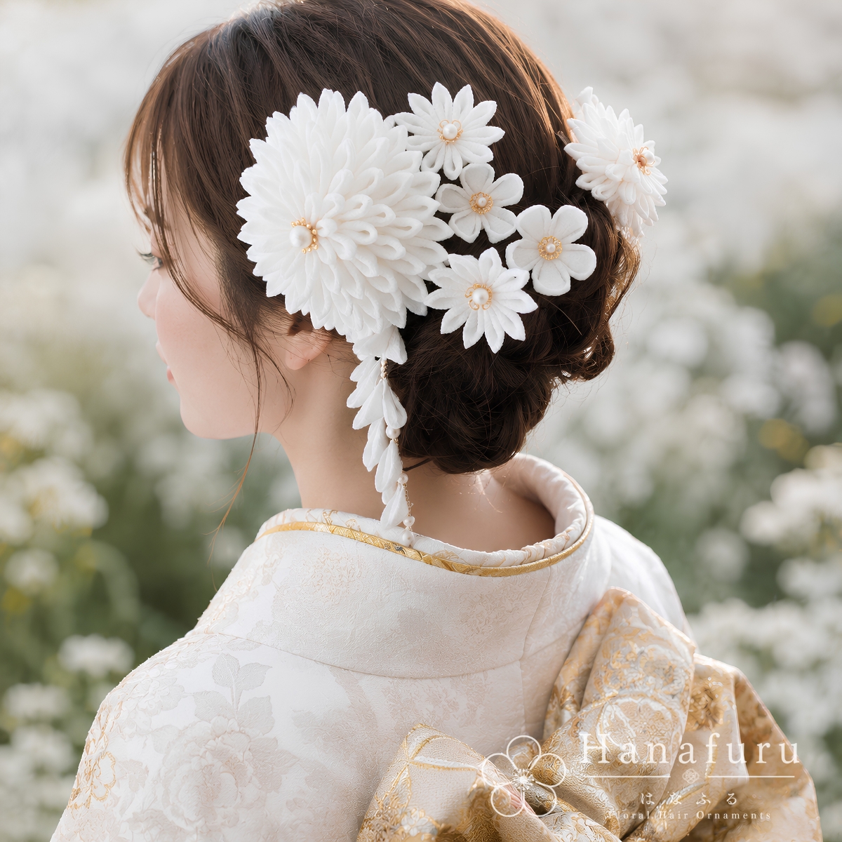 つまみ細工髪飾り ダリア 白（ホワイト） ｜成人式 卒業式 結婚式 和装の画像