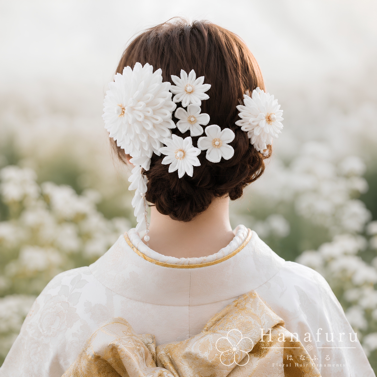 つまみ細工髪飾り ダリア 白（ホワイト） ｜成人式 卒業式 結婚式 和装の画像