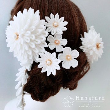 つまみ細工髪飾り ダリア 白（ホワイト） ｜成人式 卒業式 結婚式 和装の画像