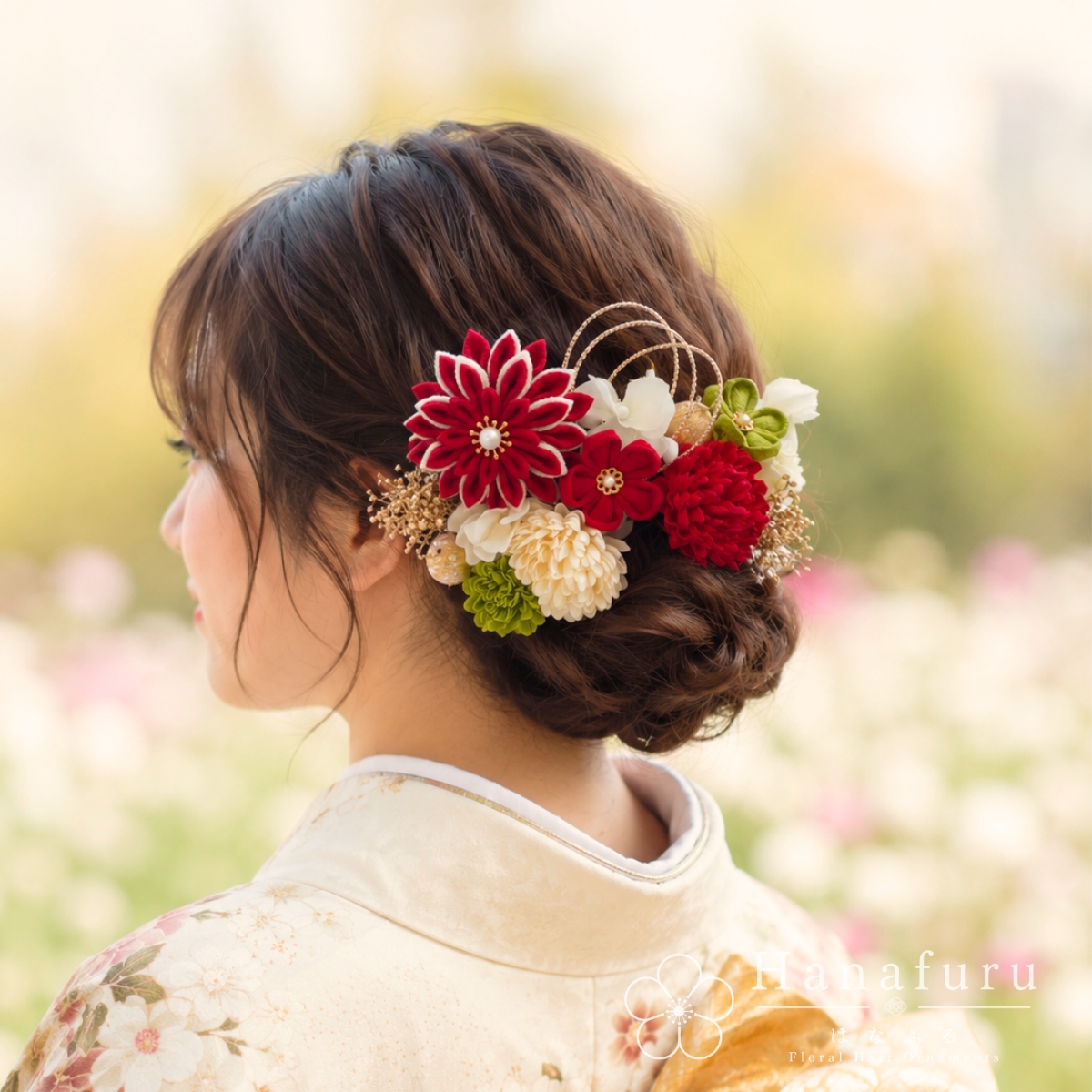 つまみ細工髪飾り 華ダリア えんじ（赤） うぐいす色｜成人式 卒業式 結婚式 和装の画像