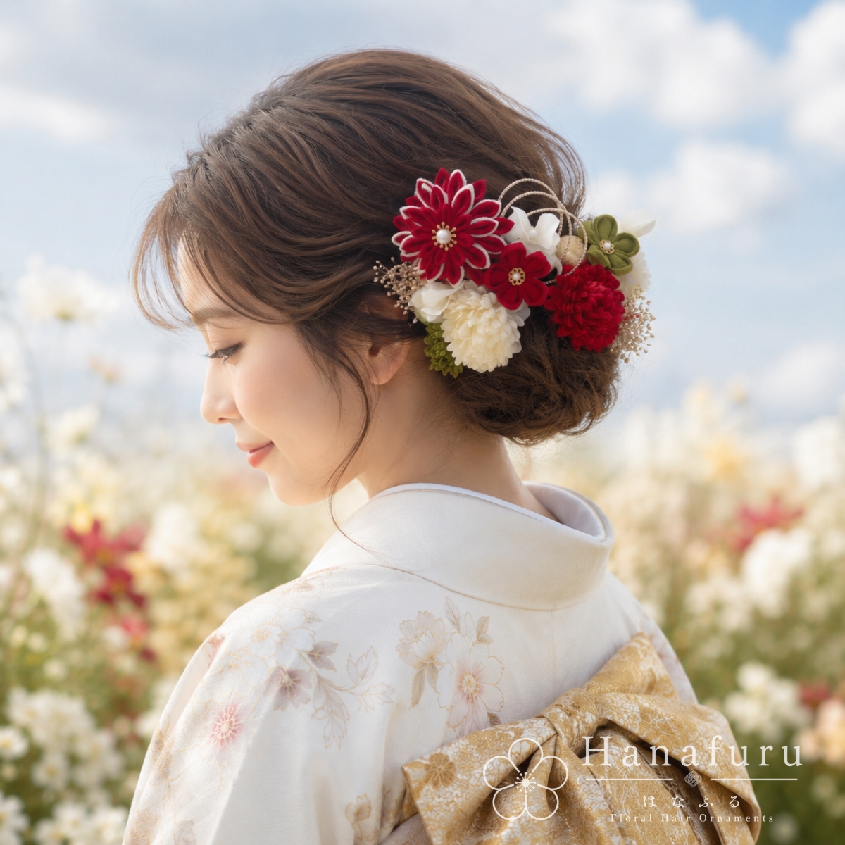 つまみ細工髪飾り 華ダリア えんじ（赤） うぐいす色｜成人式 卒業式 結婚式 和装の画像