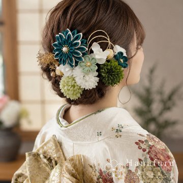 つまみ細工髪飾り 華ダリア もえぎ（青緑）｜成人式 卒業式 結婚式 和装の画像