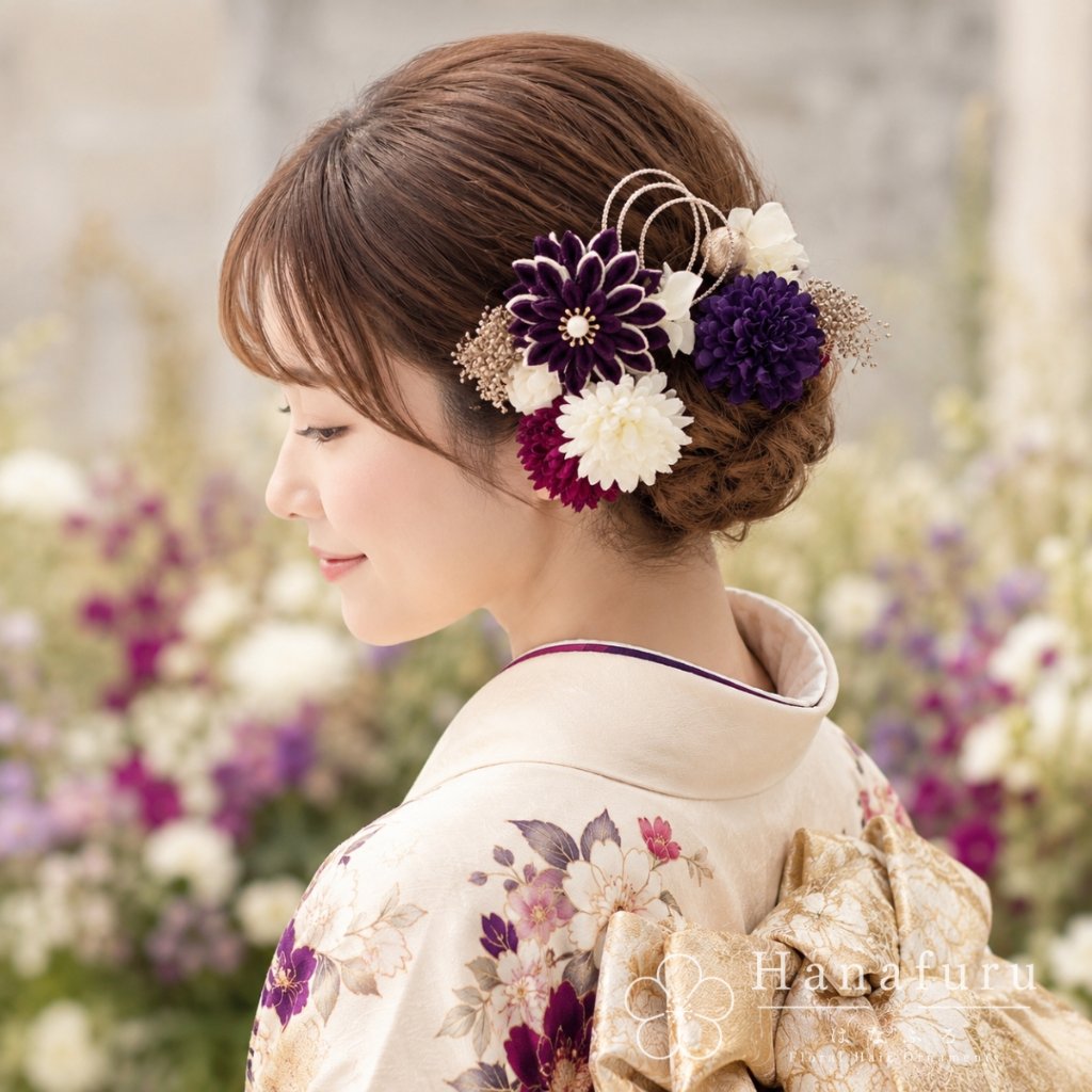つまみ細工髪飾り 華ダリア 紫｜成人式 卒業式 結婚式 和装の画像