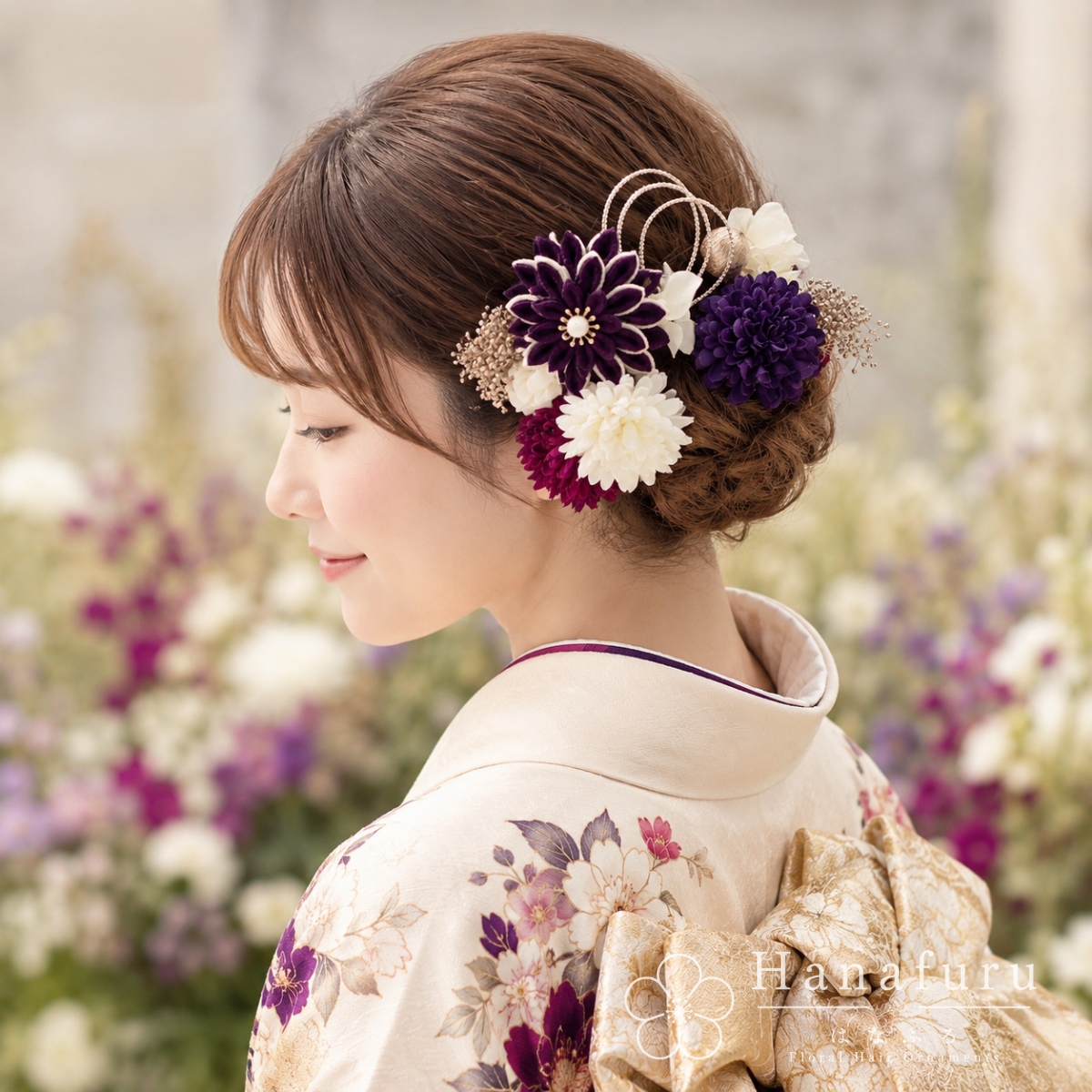 つまみ細工髪飾り 華ダリア 紫｜成人式 卒業式 結婚式 和装の画像