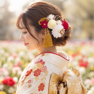 つまみ細工髪飾り 華ダリア 赤 白 ゴールド｜成人式 卒業式 結婚式 和装の画像
