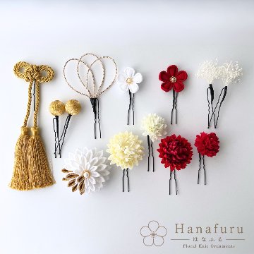 つまみ細工髪飾り 華ダリア 赤 白 ゴールド｜成人式 卒業式 結婚式 和装の画像