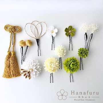 つまみ細工髪飾り 華ダリア 緑 白 ゴールド｜成人式 卒業式 結婚式 和装の画像