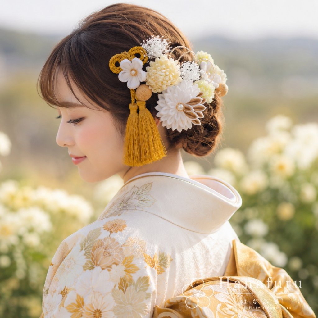 つまみ細工髪飾り 華ダリア  白 ゴールド｜成人式 卒業式 結婚式 和装の画像