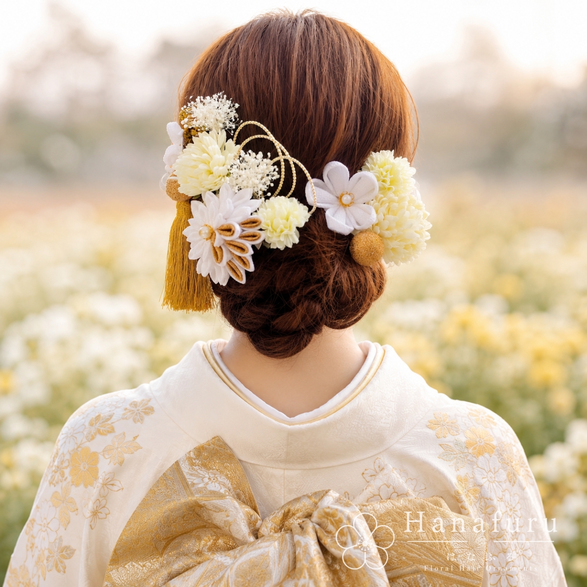 つまみ細工髪飾り 華ダリア  白 ゴールド｜成人式 卒業式 結婚式 和装の画像