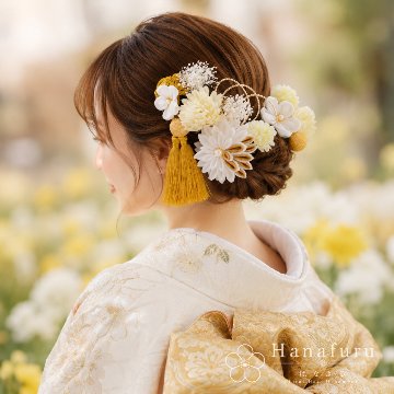 つまみ細工髪飾り 華ダリア  白 ゴールド｜成人式 卒業式 結婚式 和装の画像