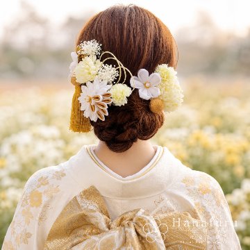 つまみ細工髪飾り 華ダリア  白 ゴールド｜成人式 卒業式 結婚式 和装の画像
