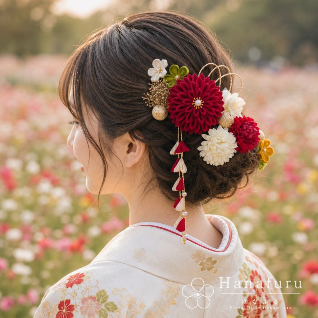 つまみ細工髪飾り 華ダリア えんじ 赤 ゴールド 15点セット｜成人式 卒業式 結婚式 和装の画像