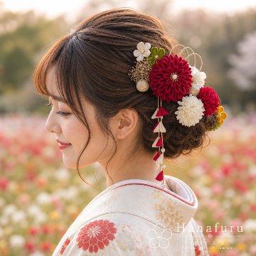 つまみ細工髪飾り 華ダリア えんじ 赤 ゴールド 15点セット｜成人式 卒業式 結婚式 和装の画像