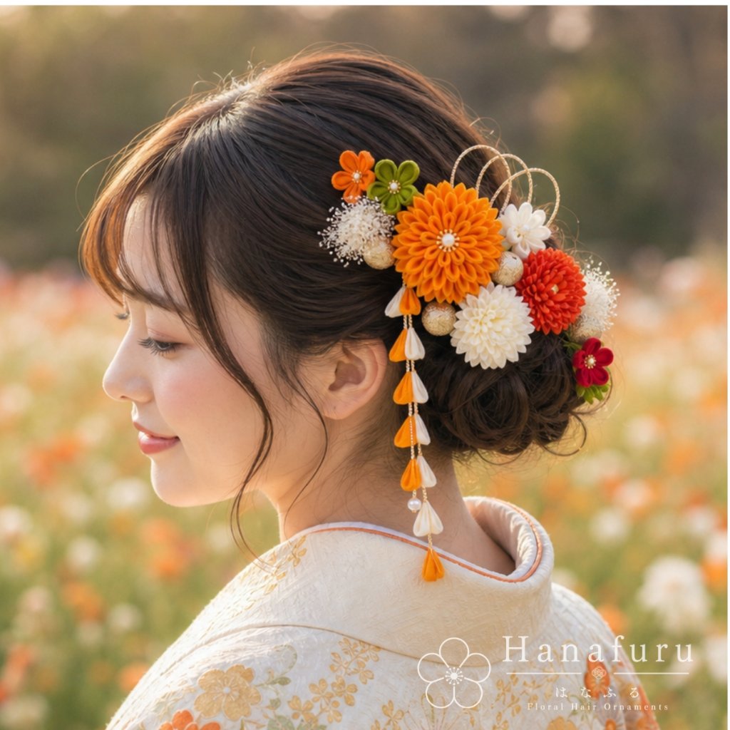 つまみ細工髪飾り ダリア 山吹色  15点セット｜成人式 卒業式 結婚式 和装の画像