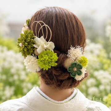 つまみ細工髪飾り ダリア うぐいす色  15点セット｜成人式 卒業式 結婚式 和装の画像
