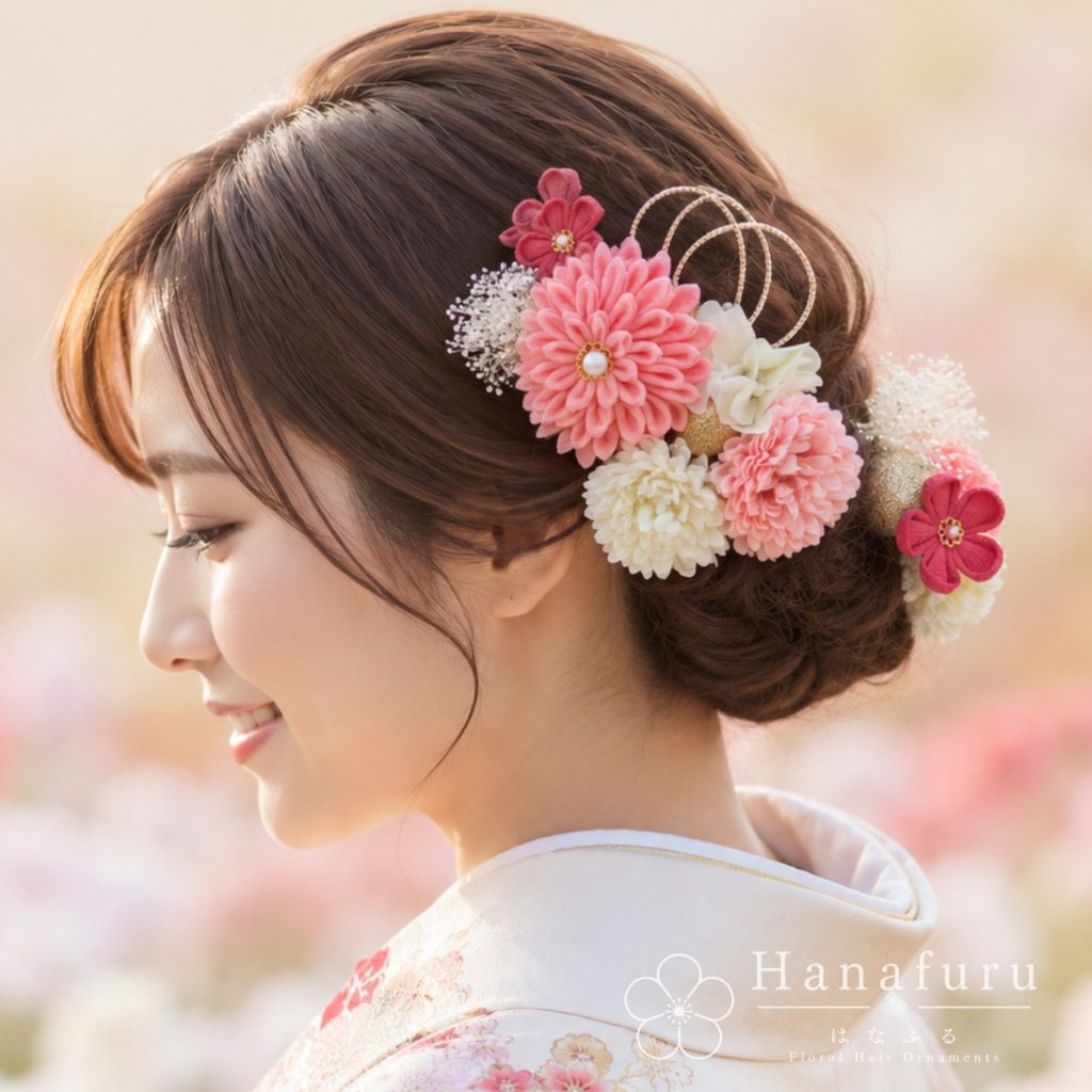 つまみ細工髪飾り ダリア ピンク色  15点セット｜成人式 卒業式 結婚式 和装の画像