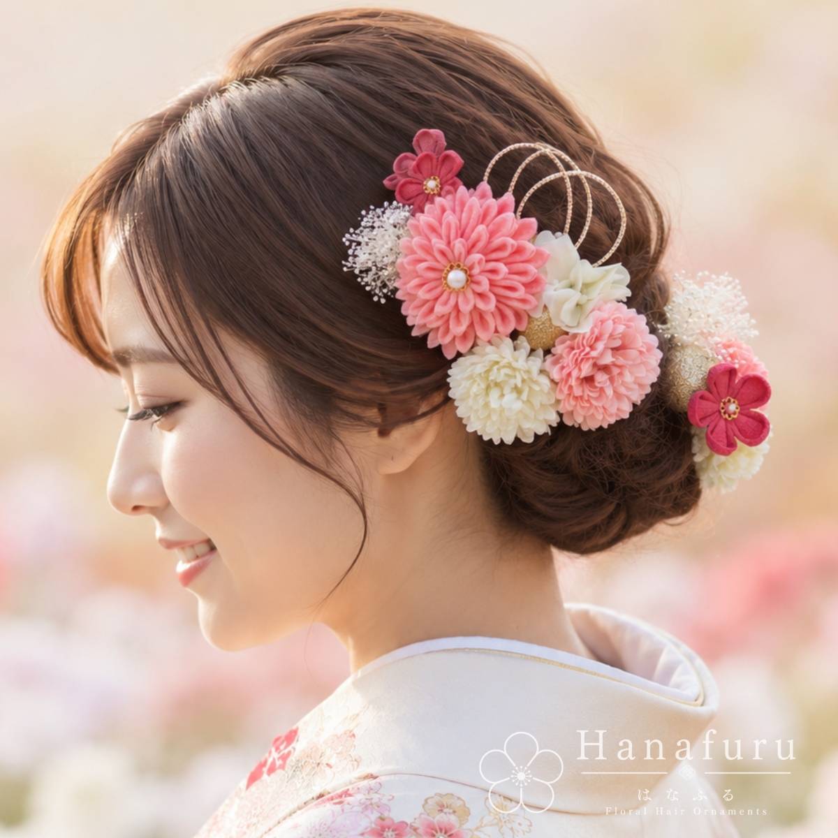 つまみ細工髪飾り ダリア ピンク色  15点セット｜成人式 卒業式 結婚式 和装の画像