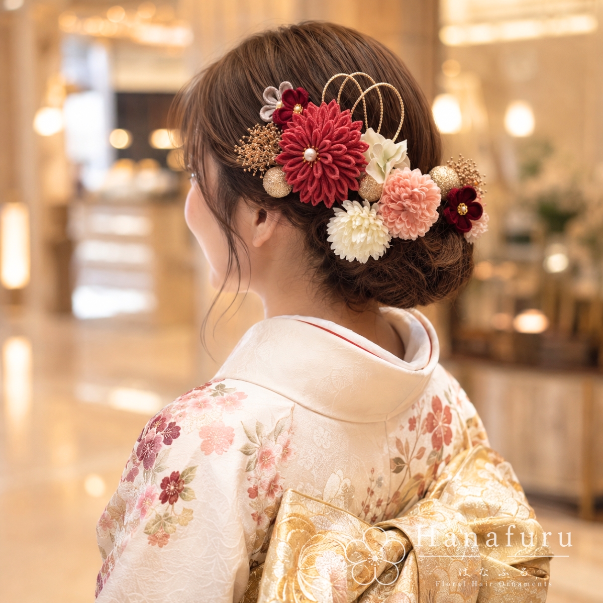 つまみ細工髪飾り ダリア 銀紅色  15点セット｜成人式 卒業式 結婚式 和装の画像