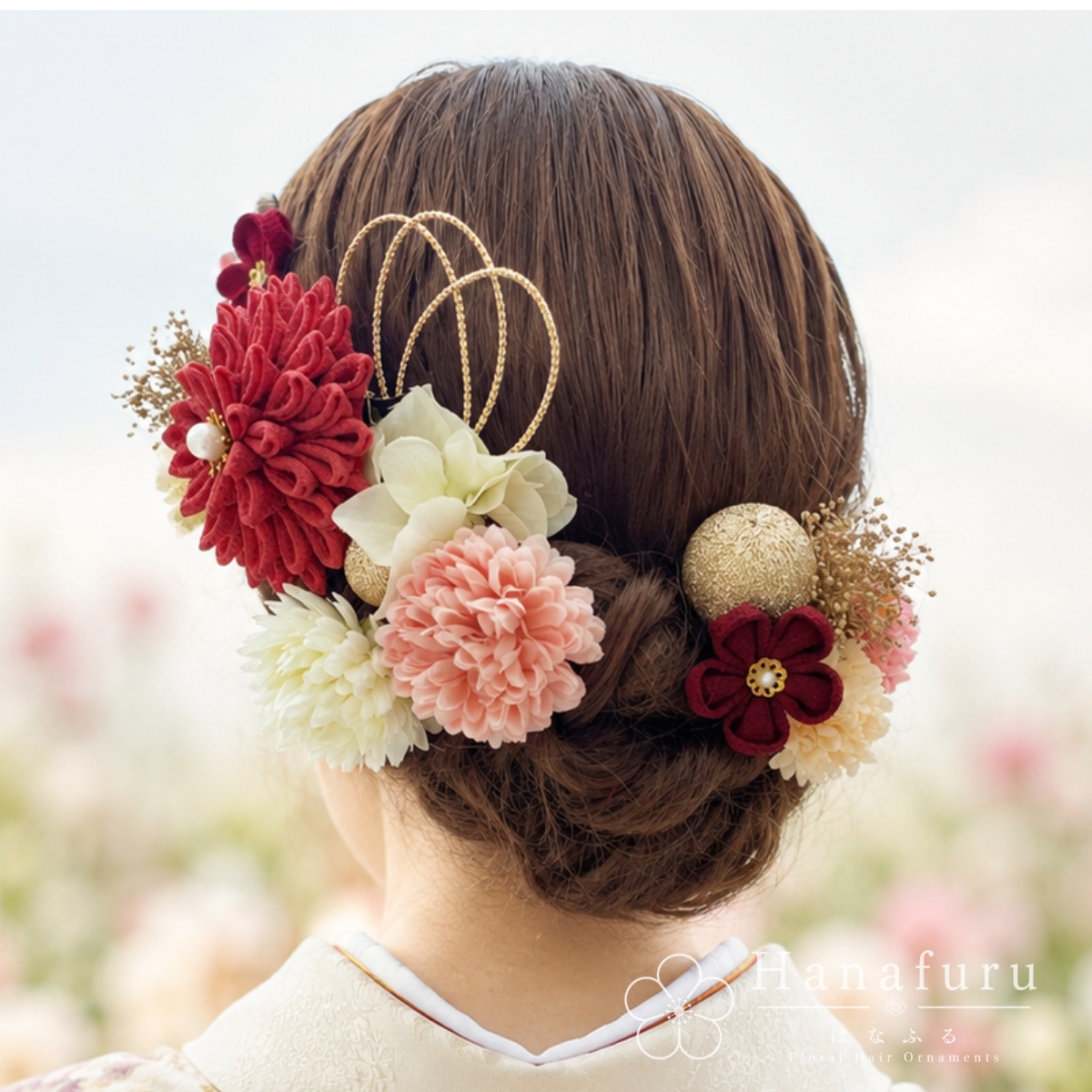 つまみ細工髪飾り ダリア 銀紅色  15点セット｜成人式 卒業式 結婚式 和装の画像
