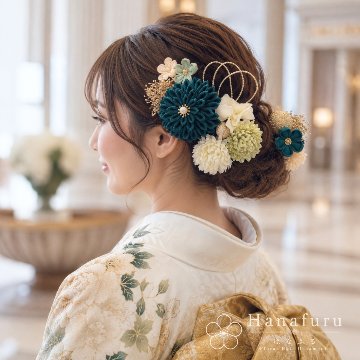 つまみ細工髪飾り ダリア もえぎ（青緑）  15点セット｜成人式 卒業式 結婚式 和装の画像