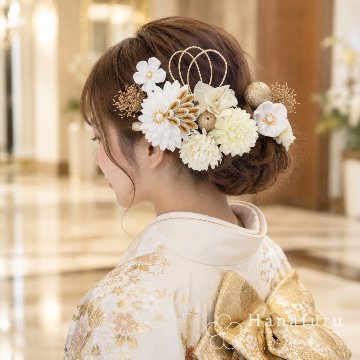 つまみ細工髪飾り ダリア 白×ゴールド  15点セット｜成人式 卒業式 結婚式 和装の画像