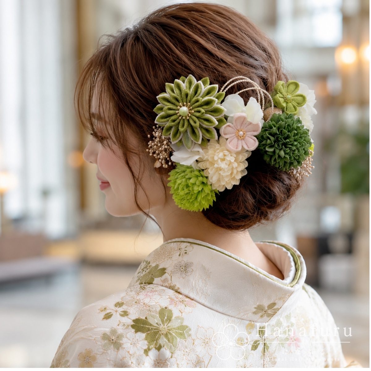 つまみ細工髪飾り 華ダリア うぐいす×緑×ゴールド 16点セット｜成人式 卒業式 結婚式 和装の画像