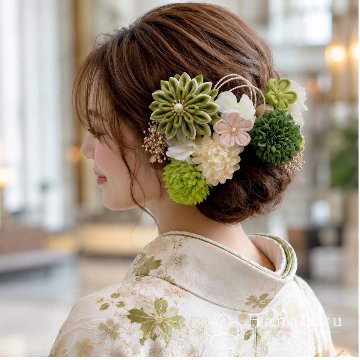 つまみ細工髪飾り 華ダリア うぐいす×緑×ゴールド 16点セット｜成人式 卒業式 結婚式 和装の画像
