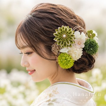 つまみ細工髪飾り 華ダリア うぐいす×緑×ゴールド 16点セット｜成人式 卒業式 結婚式 和装の画像
