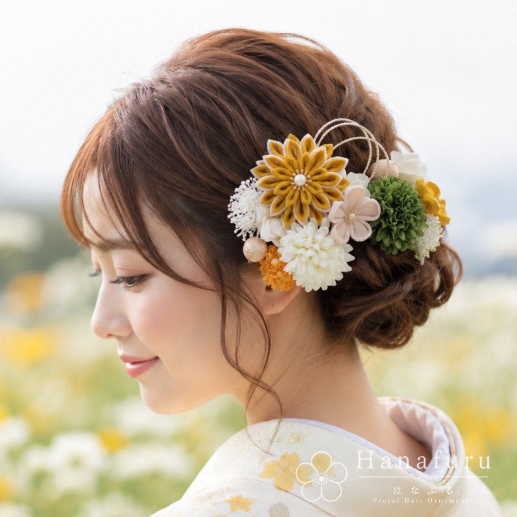 つまみ細工髪飾り 華ダリア からし（黄色）×緑×ゴールド 16点セット｜成人式 卒業式 結婚式 和装の画像