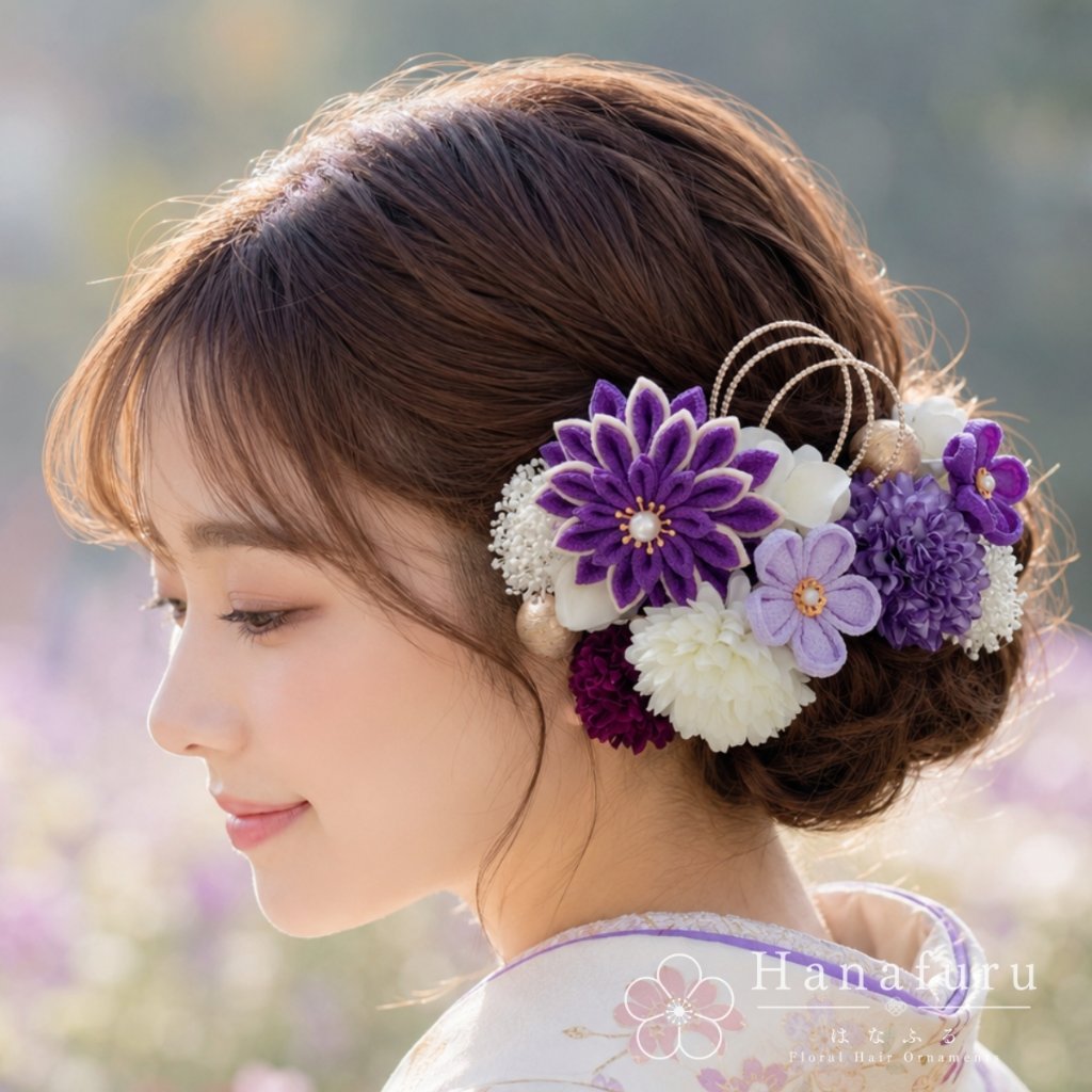 つまみ細工髪飾り 華ダリア すみれ色（紫）×生成×ゴールド 16点セット｜成人式 卒業式 結婚式 和装の画像