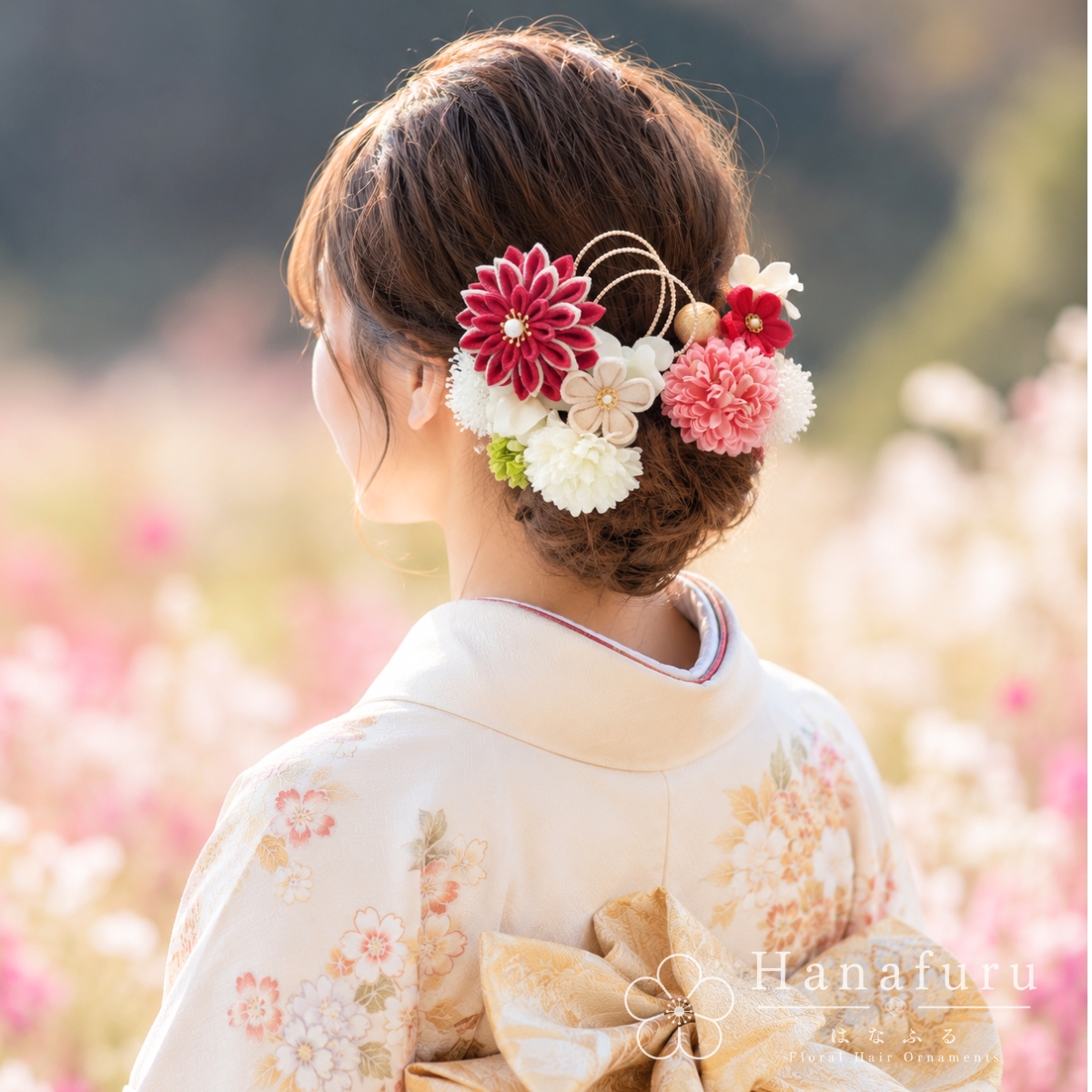 つまみ細工髪飾り 華ダリア 紅（くすみピンク）×生成×ゴールド 16点セット｜成人式 卒業式 結婚式 和装の画像