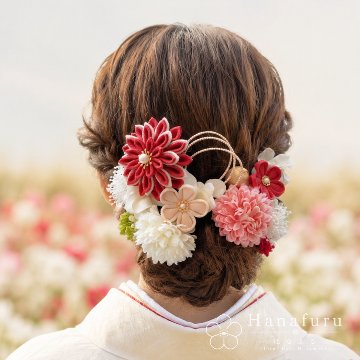 つまみ細工髪飾り 華ダリア 紅（くすみピンク）×生成×ゴールド 16点セット｜成人式 卒業式 結婚式 和装の画像