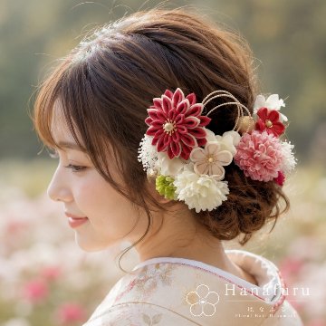 つまみ細工髪飾り 華ダリア 紅（くすみピンク）×生成×ゴールド 16点セット｜成人式 卒業式 結婚式 和装の画像